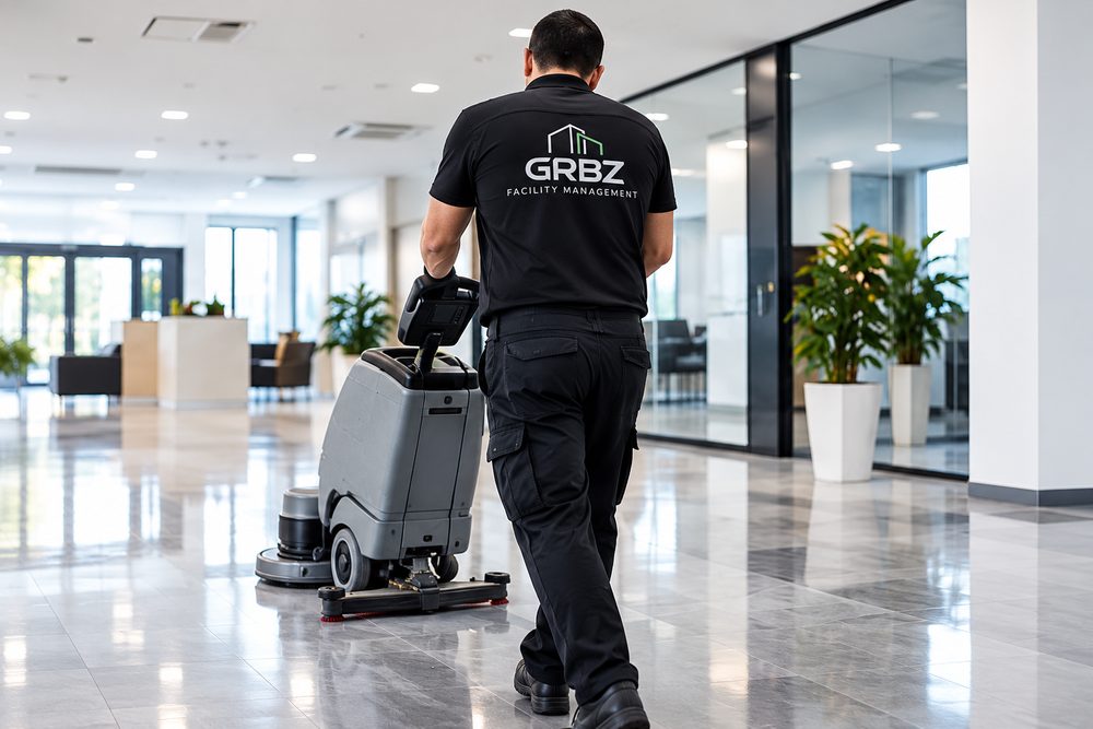 Mitarbeiter reinigt mit einer Scheuersaugmaschine den Boden in einem hellen Büro