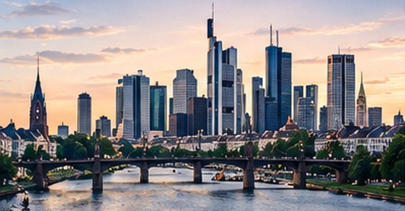 Frankfurter Skyline mit Main im Abendlicht